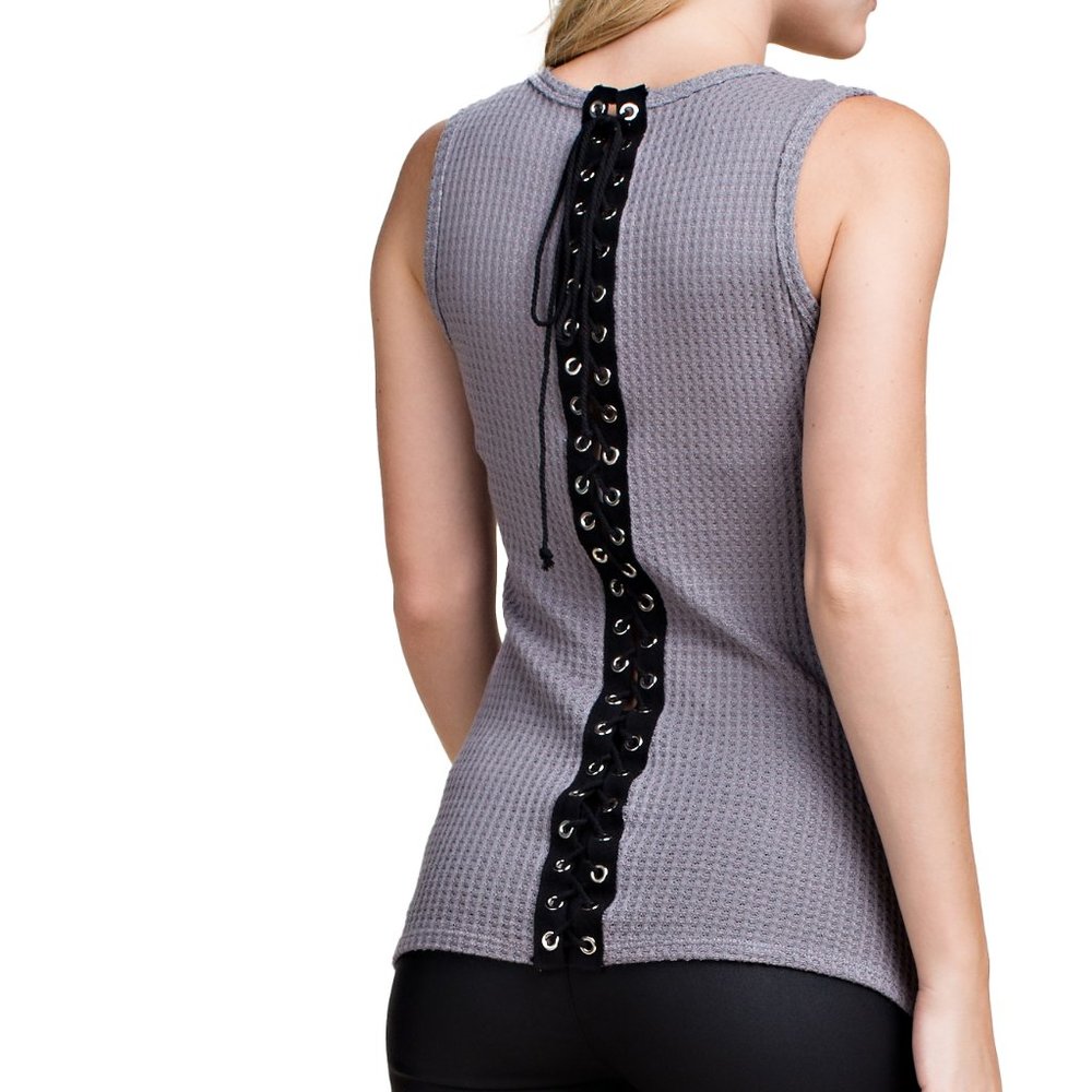 Women's Tank Embellished with Rhinestones Skull Motorcycle Lace Up Back